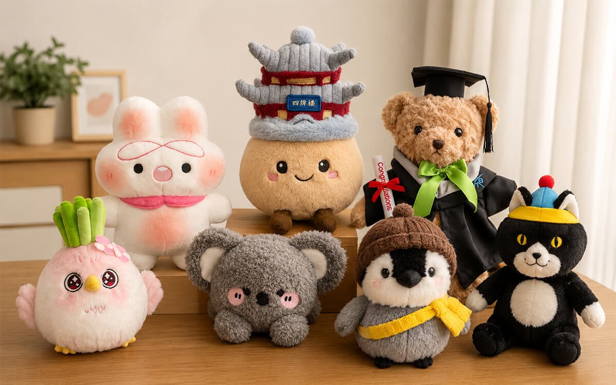 Plush fabric swatches arranged on a workshop bench — bouclé, velour, minky, faux fur and corduroy samples for custom plush toy production